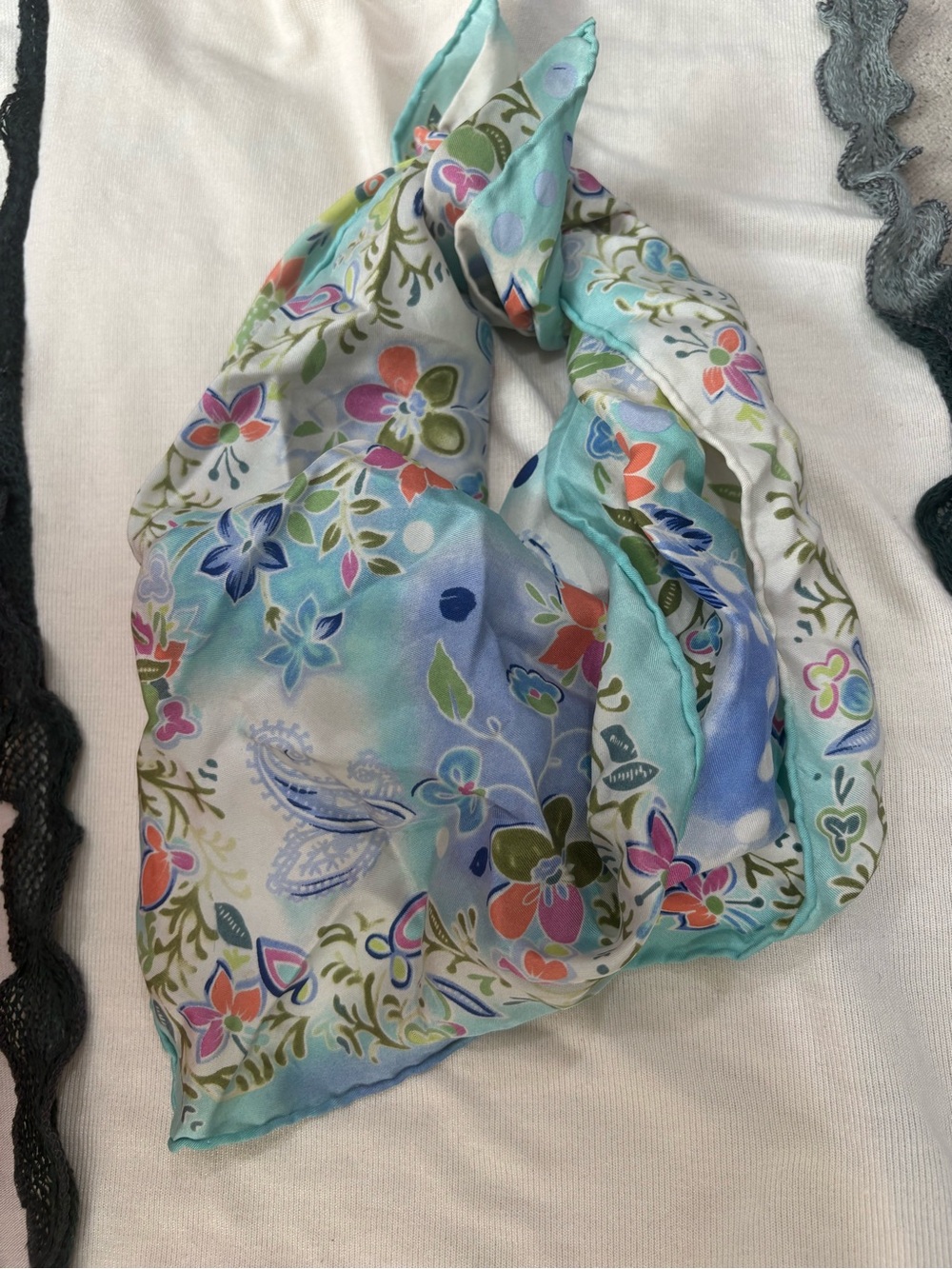 Aqua Floral Silk-Feel Neck Scarf